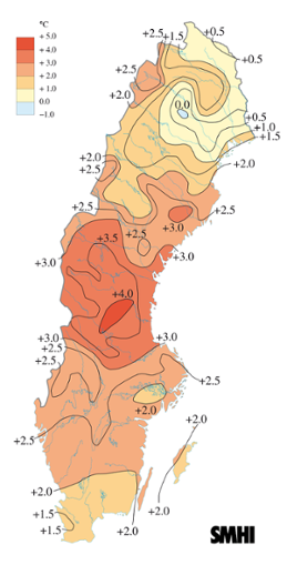 Medeltemperaturens avvikelse från det normala i februari 2004