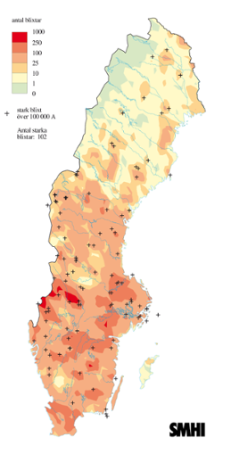Karta över totalt antal blixtar juni 2004
