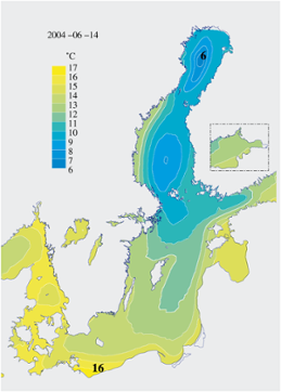 Karta över ytvattentemperatur i havet 14 juni 2004