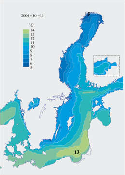 Karta över ytvattentemperatur i havet 14 oktober 2004