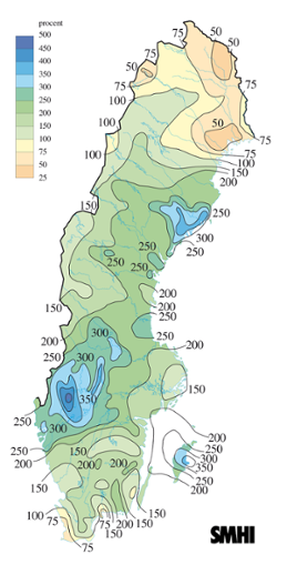 Karta över nederbörd i procent av det normala under juli 2009