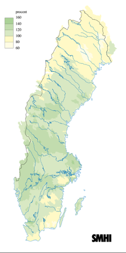 Karta över beräknade markvattenhalt i procent av den normala, 21 augusti 2009