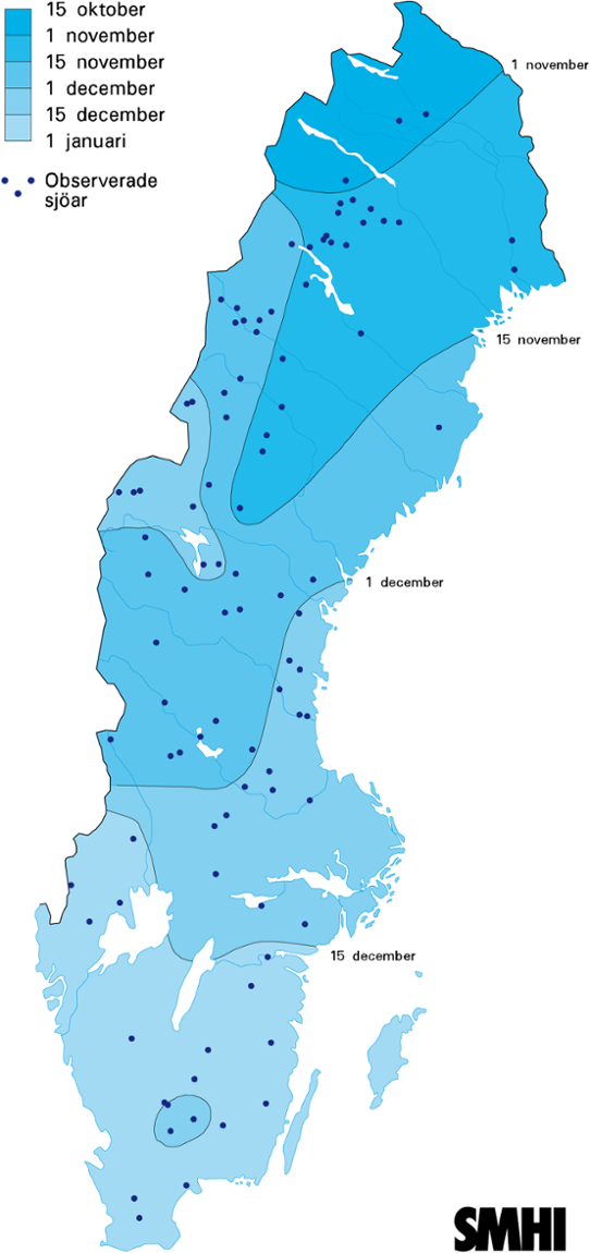 Normalkarta isläggning medelstora sjöar 10-100 km²