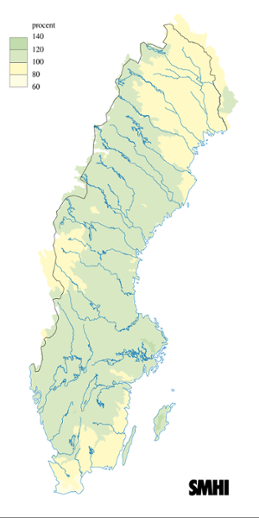 Karta över beräknade markvattenhalt i procent av den normala, 21 oktober 2009