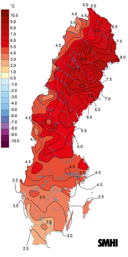 Medeltemperaturens avvikelse under februari 2015