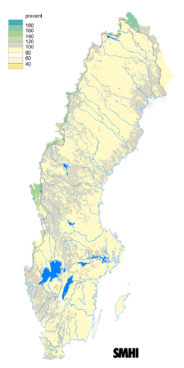 Karta över beräknad markvattenhalt i procent av den normala, 15 december 2015.