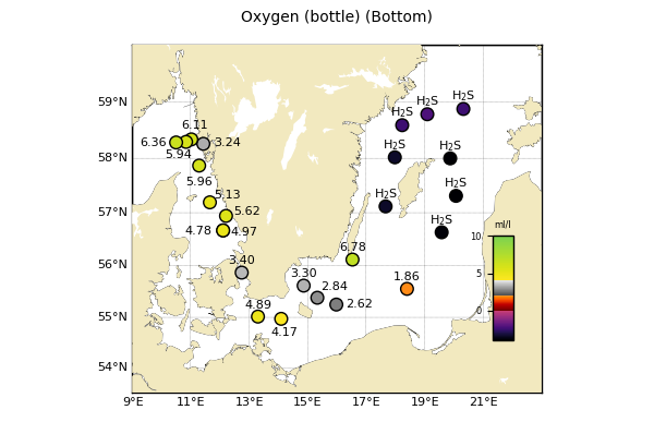 Kartbild visar koncentrationen av syre i bottenvattnet, ca 1 m ovanför botten.