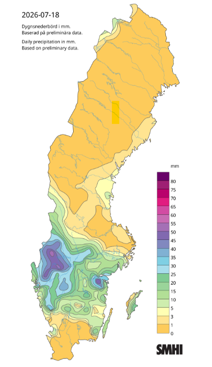 Karta över dygnsnederbörd 18 juli 2026