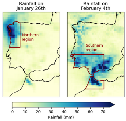 Kartor som visar områden i södra Europa med extrem nederbörd.