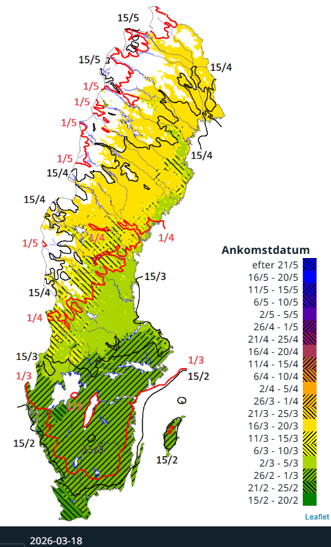 Fram till den 18 mars 2026 hade den meteorologiska våren nått upp till delar av till nordligaste Lappland vilket är klart före den normala tidtabellen, referensperiod 1991-2020.