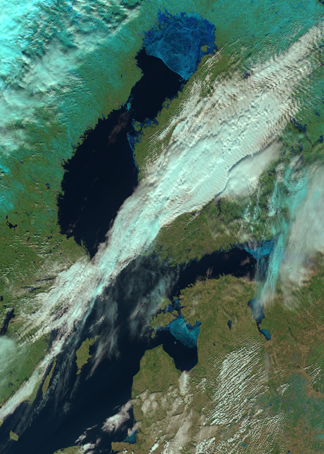Isläget 23 mars. Isen samlad i norra halvan av Bottenviken, samt i nordöstra Finska viken och Rigabukten. Optisk bild, NOAA.