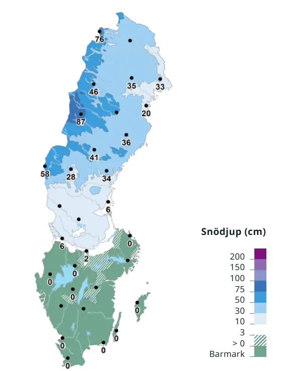 Snödjupet morgonen den 24 december 2024.