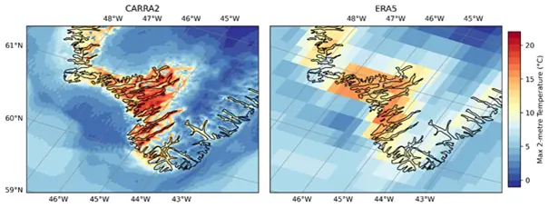 Två kartor där den till vänster, från CARRA2-datasetet, visar en högre upplösning än den till höger, från ERA5-datasetet. Med högre upplösning har rutnätet som här används för att visa temperatur mindre storlek på rutorna, vilket gör att fler detaljer och lokala variationer framträder.