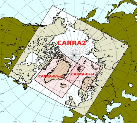 En karta med området norr om 60:e breddgraden markerad, med två rektanglar som markerar de tidigare områdena CARRA-West (kring Grönland) och CARRA-East (bland annat Norra Skandinavien och Svalbard).