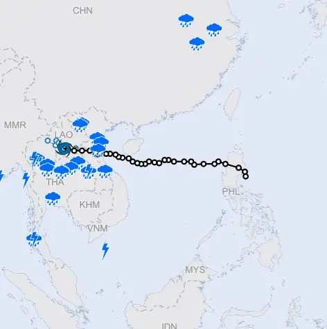 Karta över Sydostasien som visar banan för den tropiska cyklonen Kajiki i augusti 2025.