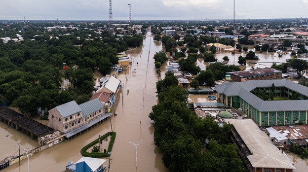 Aerial view of a flooded neighborhood.