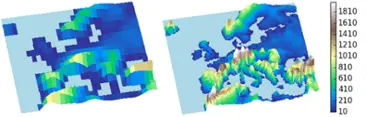 Topography of Europe in a standard resolution climate model (left) and a high resolution model (right). Increasing the resolution of simulations allows better representation of local climates.
