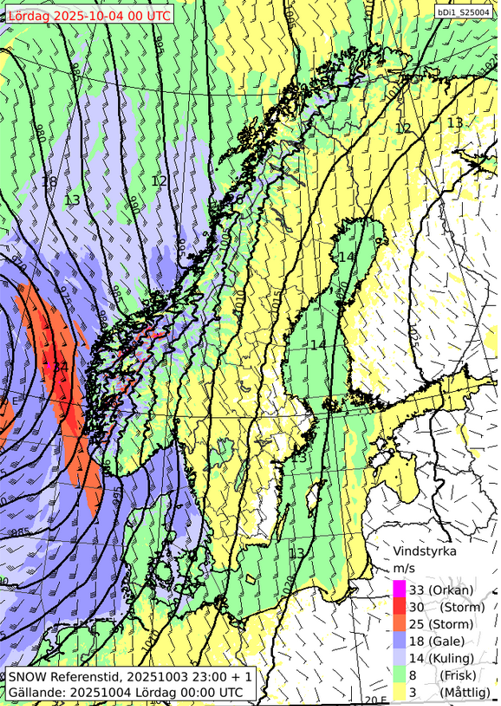 Karta som visar medelvinden under ovädret Amy.