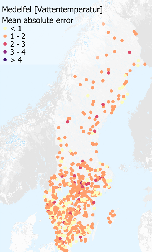 Sverigekarta med punkter för jämförelse av modell och mätning av vattentemperatur.