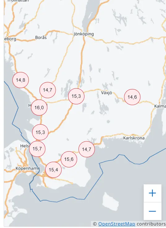 Karta som visar de högsta temperaturerna i Sverige den 6 november 2025.