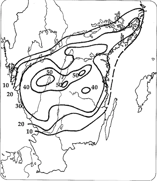 Karta över södra Sverige som visar det analyserade snödjupet den 18 november 1995.
