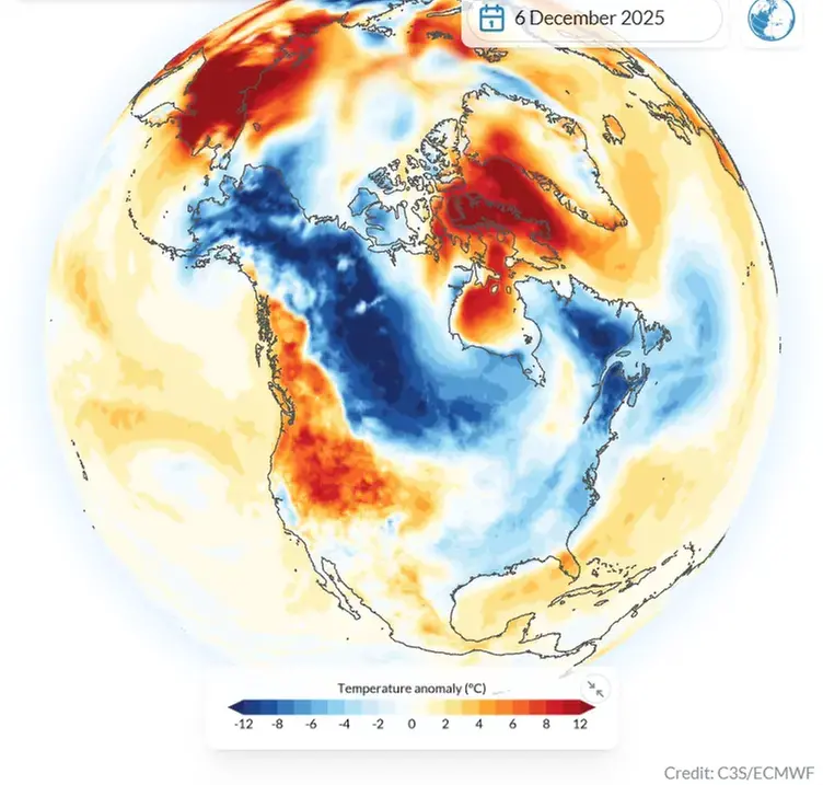 Karta över Nordamerika som visar temperaturens avvikelse från det normala den 6 december 2025.