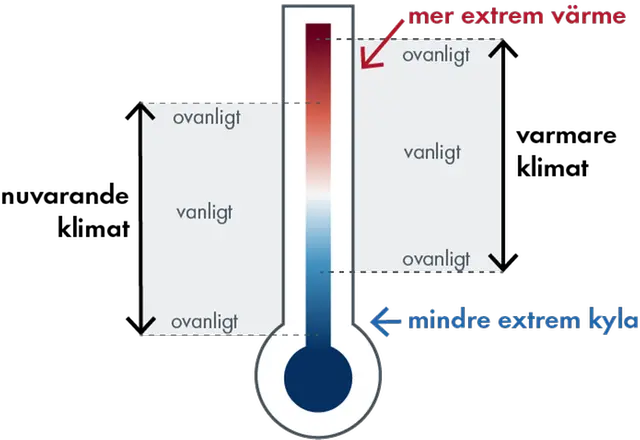 Förklaring av hur temperaturintervallen ökar vid ett förändrat klimat. Mer varmt och mindre kallt extremväder.