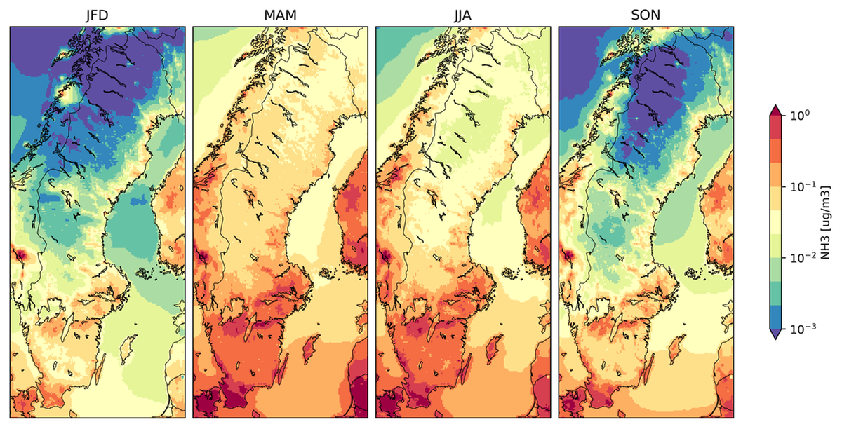 Fyra kartor (vinter-vår-sommar-höst) som visar säsongsmedelvärden av ammoniakkoncentrationer
för Sverige, år 2019, modellerad med MATCH-modellen. Koncentrationerna är högre under vår och sommar, och i södra delen av landet.