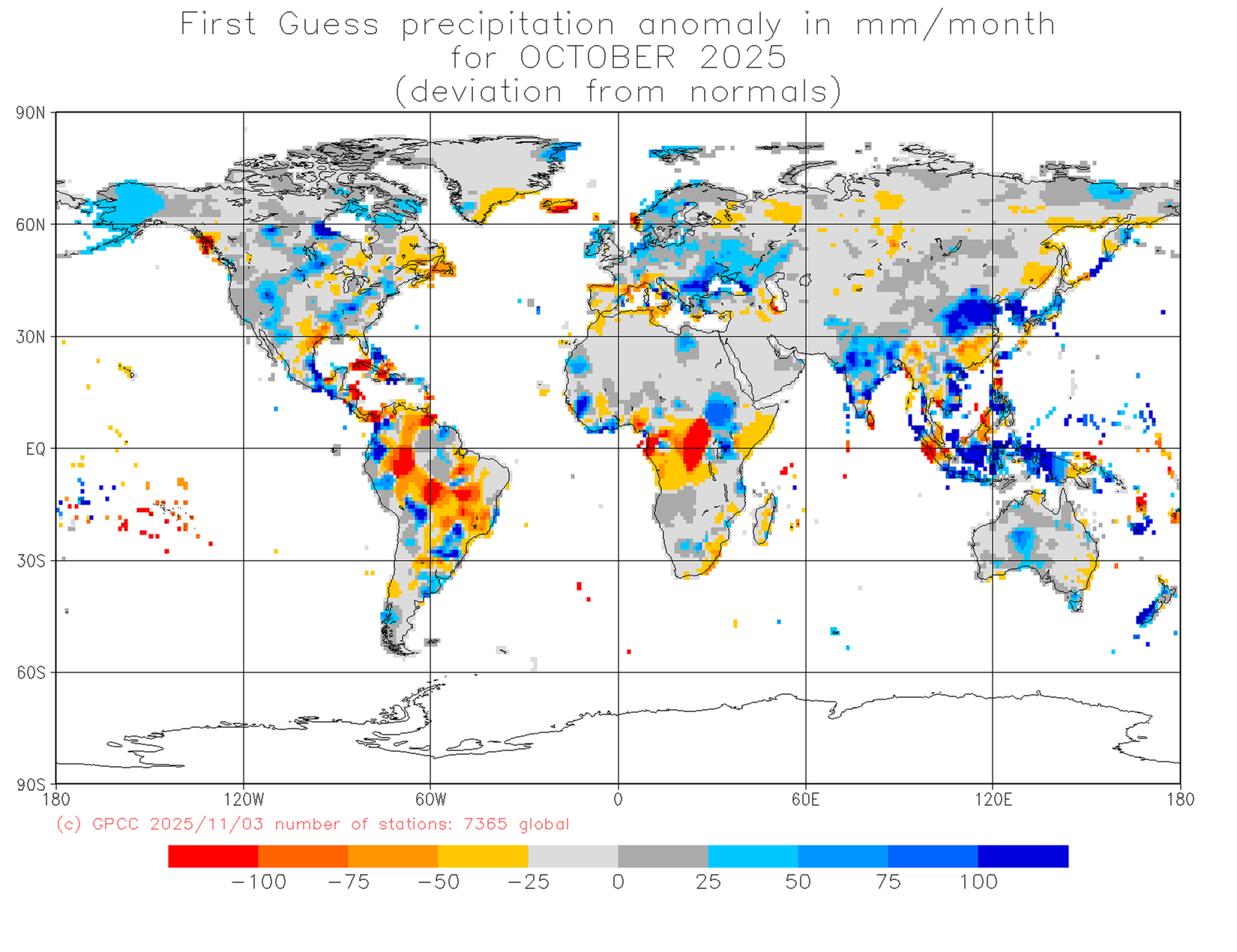 Preliminär global nederbördsanomali i oktober 2025. Källa: DWD (GPCC).