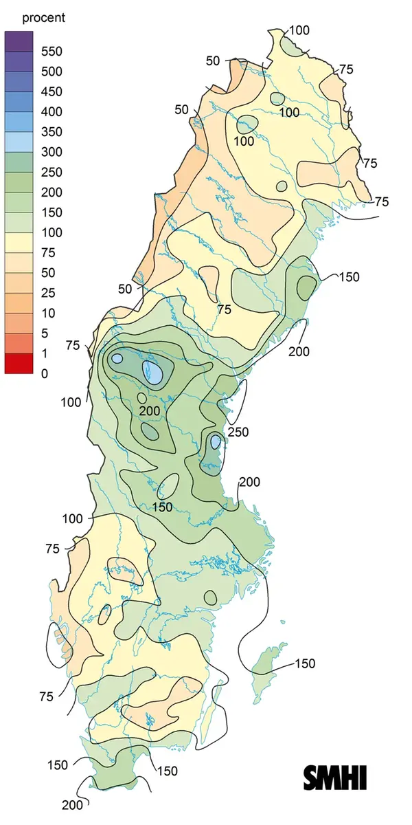 Nederbördens avvikelse från det normala under november 2023.