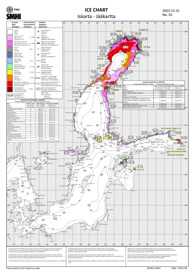 Karta som visar Is och ytvattentemperatur i havet 15 december 2023.