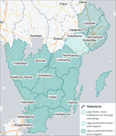 Kartbild från SMHIs varningstjänst - områden som berörs av meddelande om risk för vattenbrist.