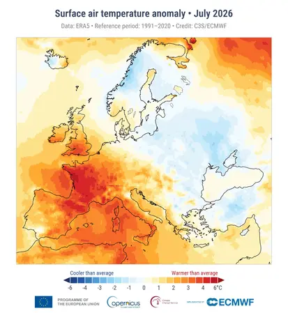 Karta över temperaturavvikelsen i Europa i juli 2026.
