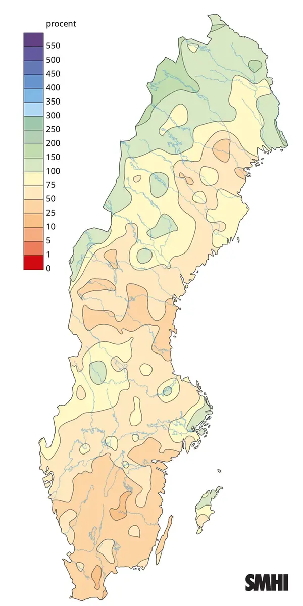 Nederbörden i procent av normalperioden 1991-2020 för augusti 2025.