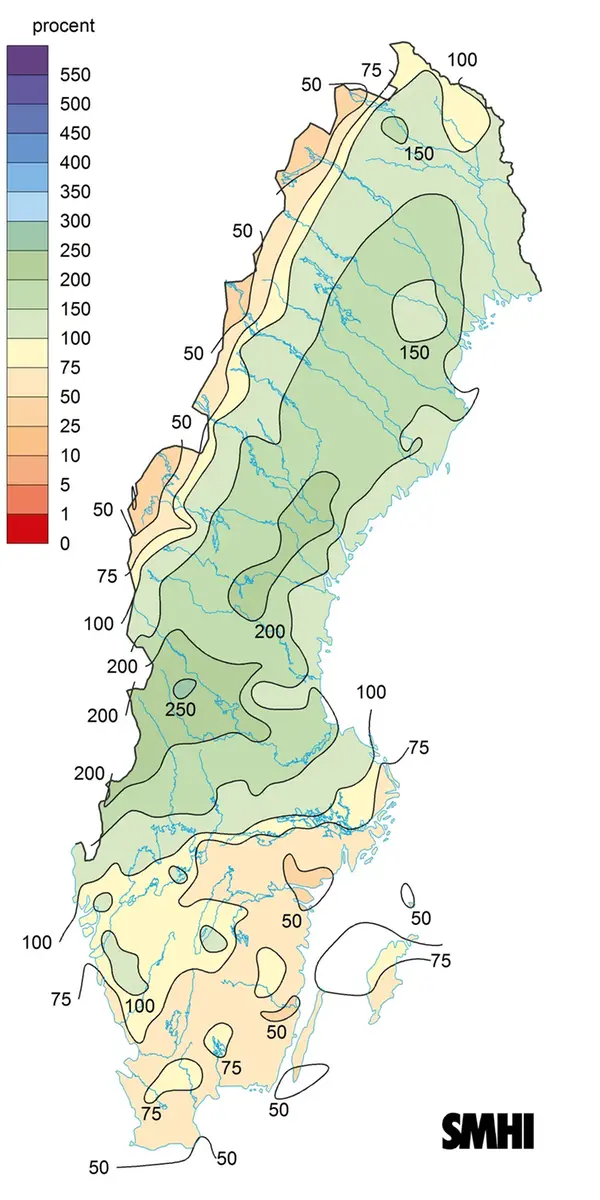 Sverigekarta som visar nederbördens avvikelse från det normala under februari 2024