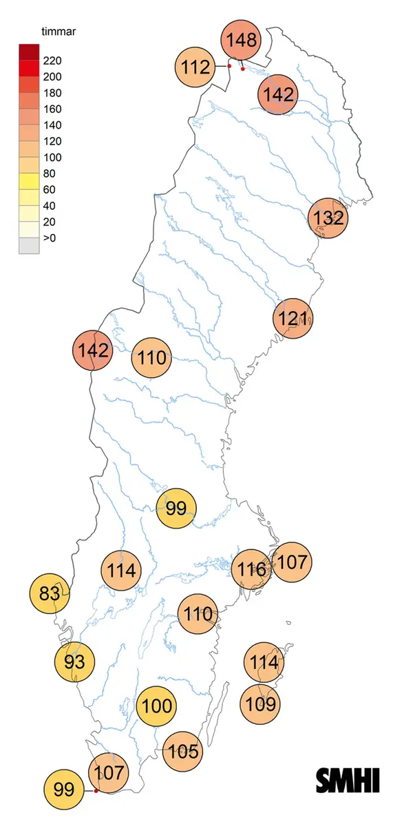 Sverigekarta som visar antal soltimmar under mars 2024.