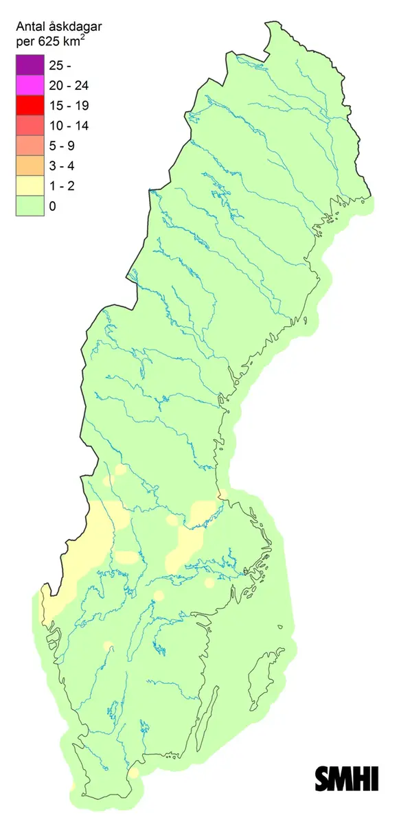 Sverigekarta som visar totalt antal blixtar under mars 2024.