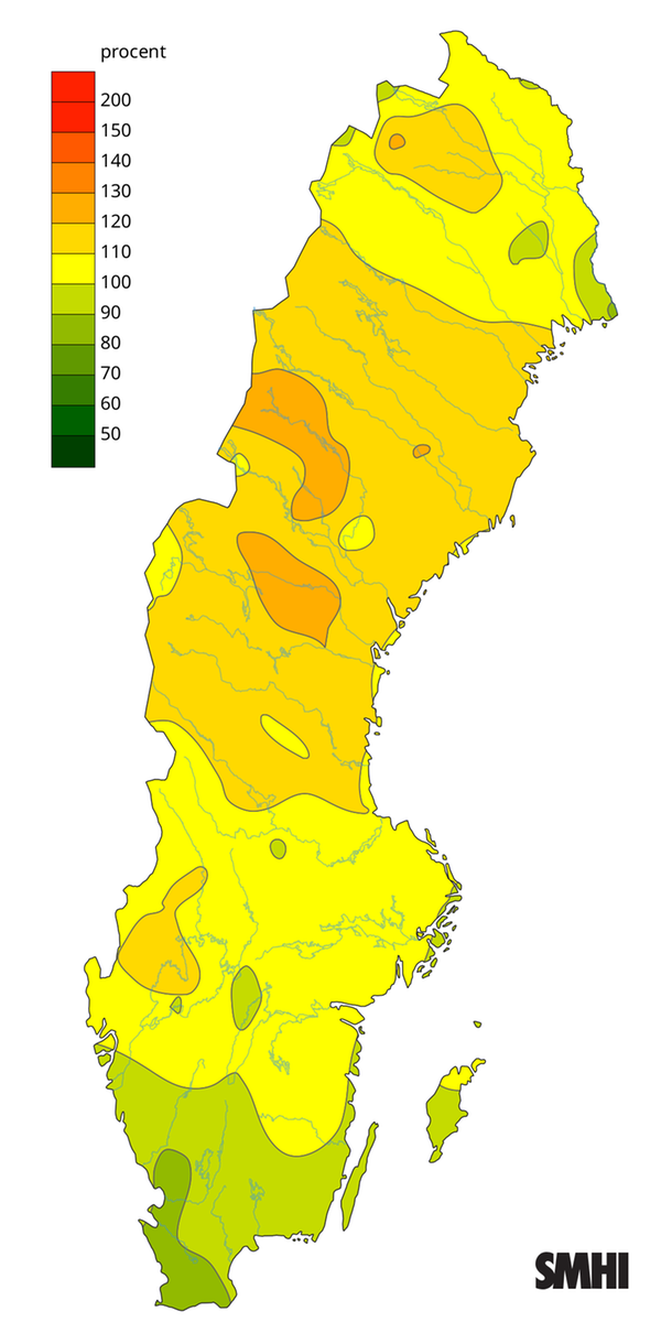 Byvindens avvikelse från det normala (1996-2015) under våren 2025.