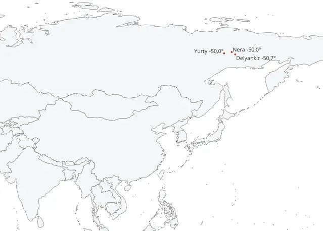 Karta över Sibirien och angränsande områden med de lägsta temperaturerna den 25 november 2025.