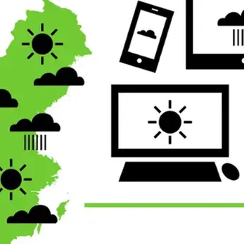 Illustration av Sverige med vädersymboler och dator och mobiltelefon med väderprognos.