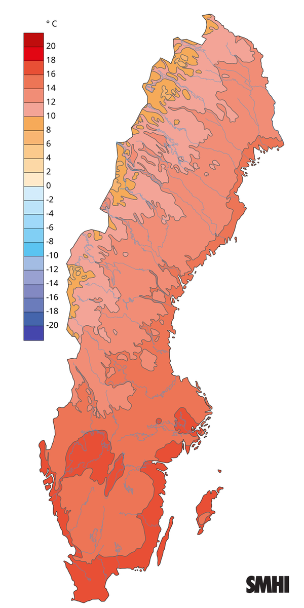 Månadsmedeltemperaturen under augusti 2025.