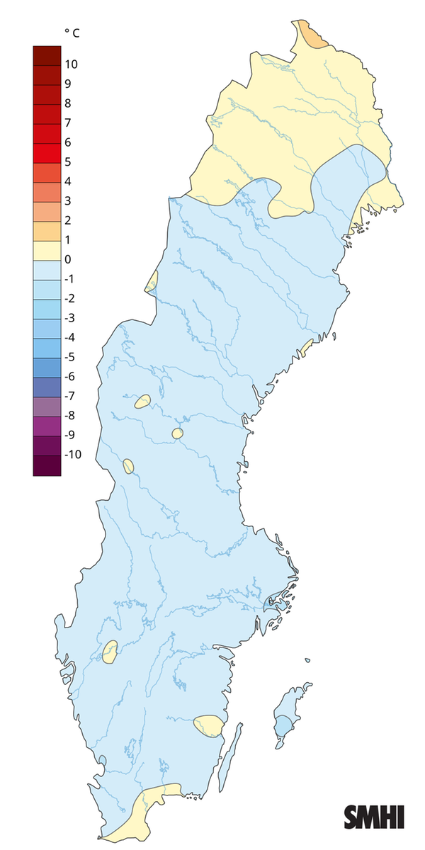Medeltemperaturens avvikelse från normalperioden 1991-2020 för augusti 2025.