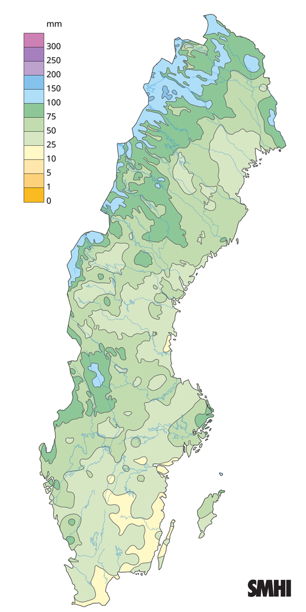 Nederbördssumma under augusti 2025.