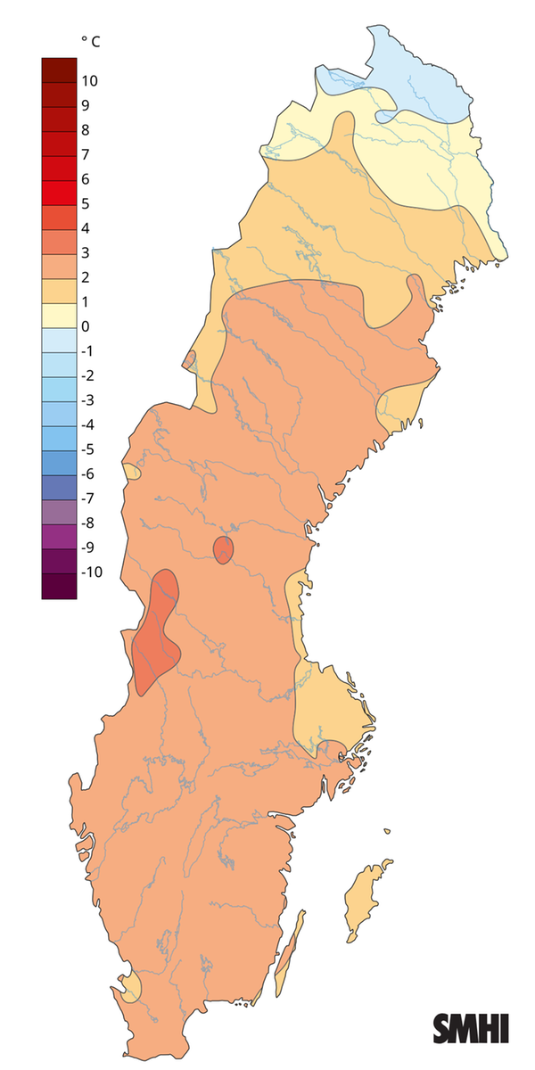 Medeltemperaturens avvikelse från normalperioden 1991-2020 för april 2025.