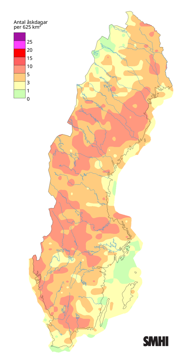 Antal åskdagar under juli 2025.