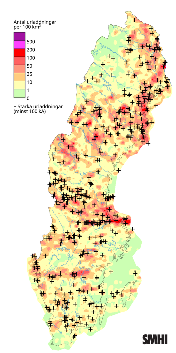 Totalt antal blixtar under juli 2025.