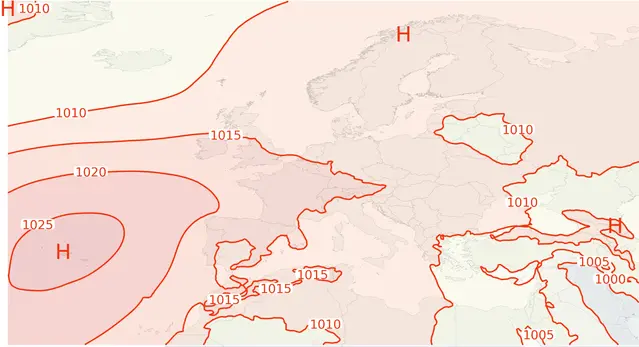 Karta som visar medellufttrycket i Europa i juli 2025.
