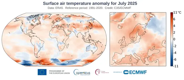 Världskarta som visar månadsmedeltemperaturens avvikelse från det normala under juli 2025.