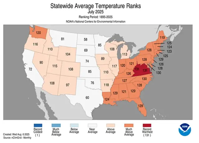 Karta över USA som visar en ranking delstatsvis av temperaturen i juli 2025.