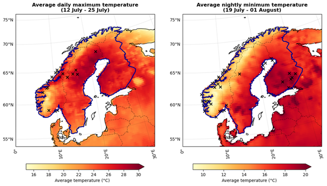 Högsta 14-dagars genomsnittliga dagliga maxvärden och dagliga minvärden över Sverige, Norge och Finland 2025. Studien omfattar området som är markerat med mörkblått. Kryssen markerar platser där temperaturrekord har slagits.
